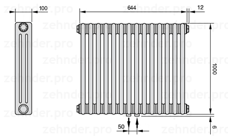 Схема (чертеж) Радиатор Zehnder Charleston 3100/14 №5410 Белый глянцевый RAL 9016
